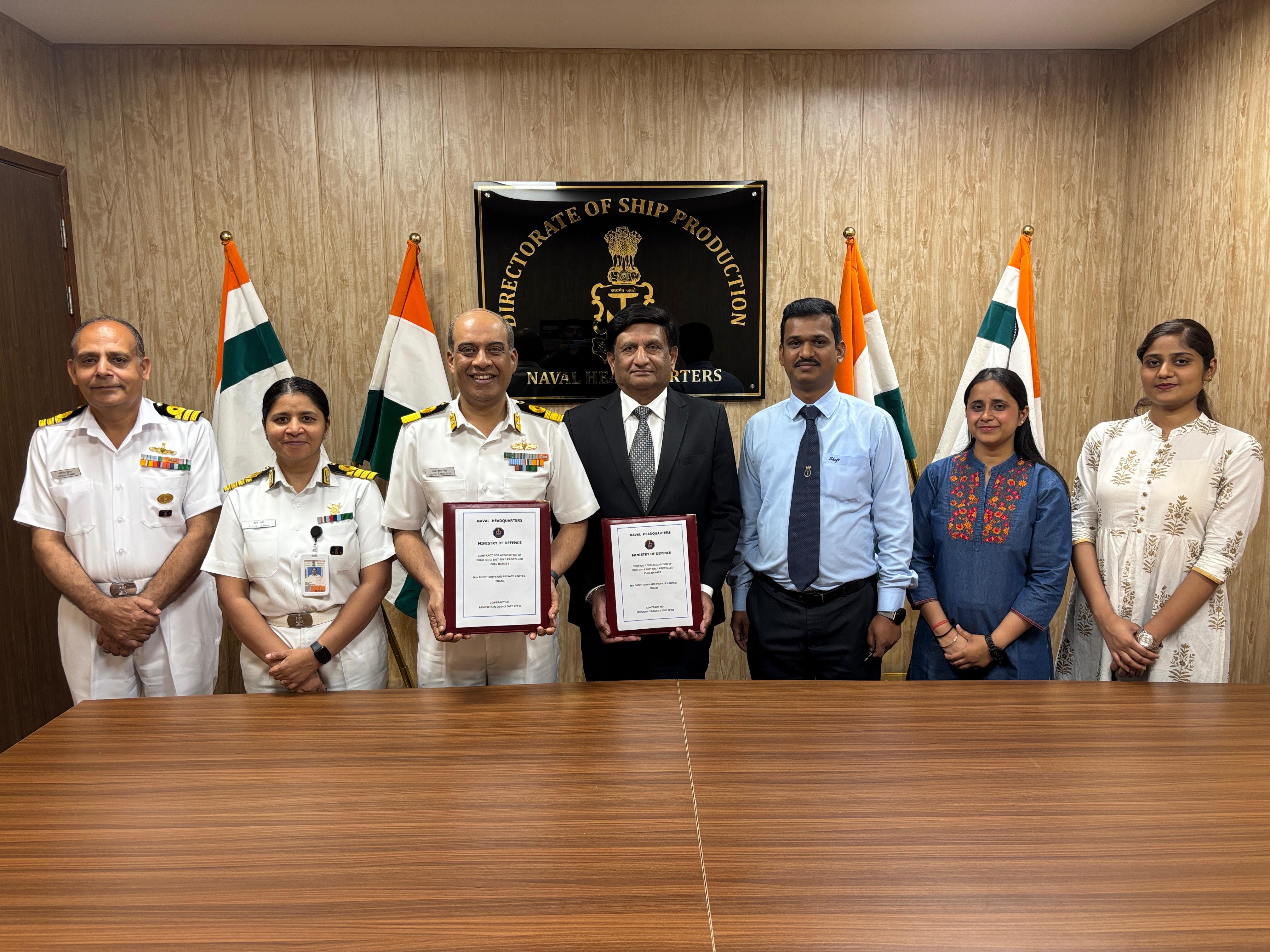 Contract Signed with Shoft Shipyard Private Limited for 04 X 500T Self Propelled Fuel Barges for Indian Navy